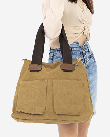 Beżowa damska torebka bawełniana z kieszonkami - Akcesoria