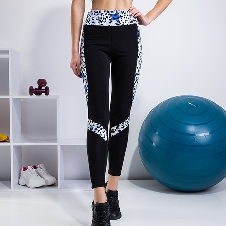 Czarne damskie legginsy z kobaltowymi wstawkami w panterkę - Odzież