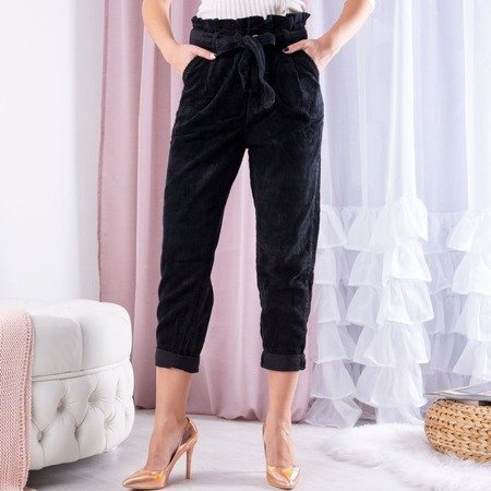 Czarne damskie spodnie paperbag z wysokim stanem - Spodnie