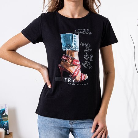 Czarny damski bawełniany t-shirt z printem - Odzież