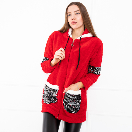 Czerwona pluszowa damska rozpinana bluza z kapturem - Odzież