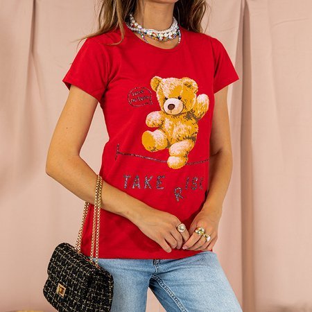Czerwony damski bawełniany t-shirt z nadrukiem - Odzież