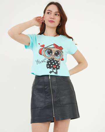 Damski t-shirt z nadrukiem sowy w kolorze miętowym - Odzież