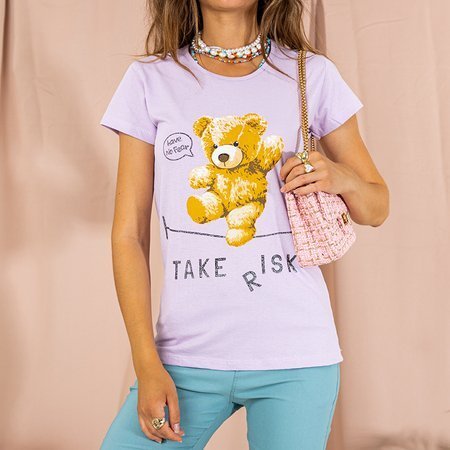 Fioletowy damski bawełniany t-shirt z nadrukiem - Odzież