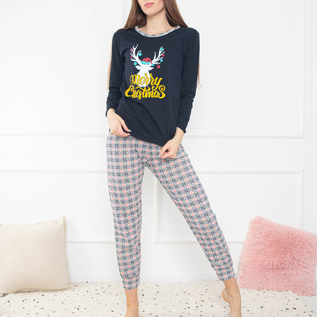 Granatowa świąteczna damska 2-częściowa piżama z printem - Odzież