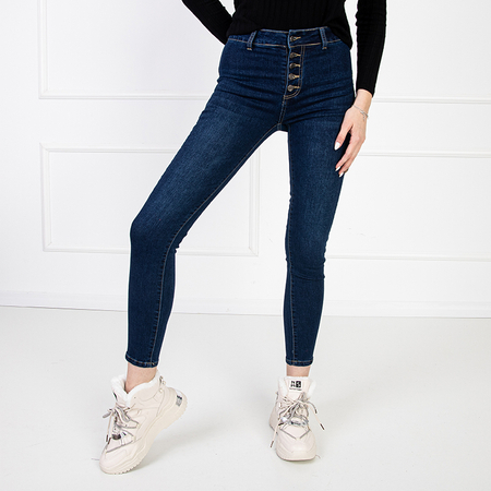 Granatowe damskie jeansy typu rurki z wysokim stanem - Odzież