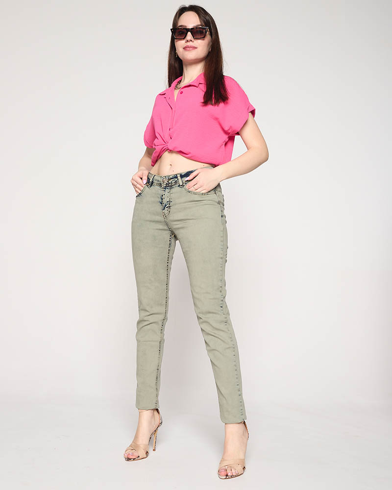 Khaki jeansy damskie typu rurki- Odzież