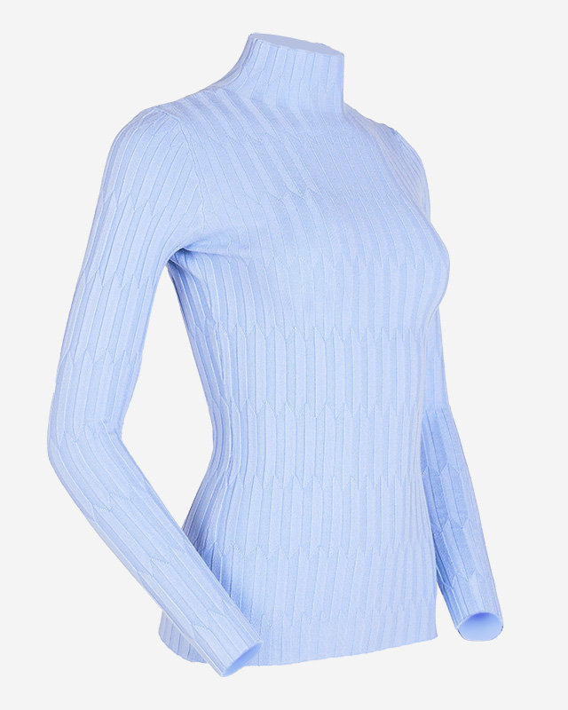 Niebieski prążkowany sweter damski ze stójką - Odzież