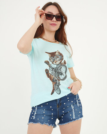 Royalfashion Miętowy t-shirt damski z nadrukiem kota 