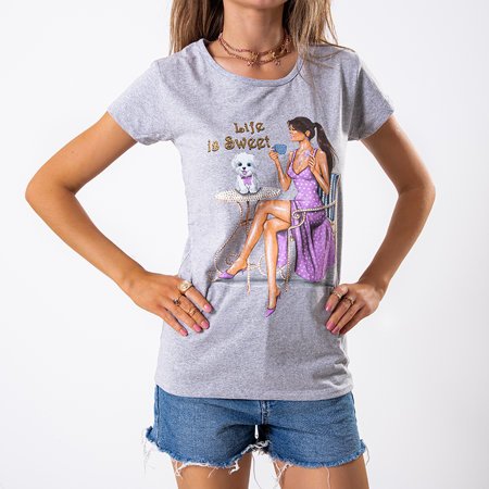 Szara damska bawełniana koszulka z kolorowym printem i napisem - Odzież