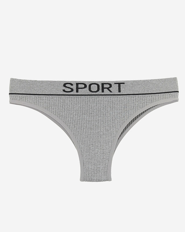 Szare damskie prążkowane majtki ze sportowymi napisami - Bielizna