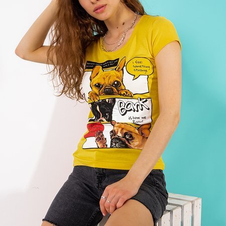 Żółta damska koszulka z kolorowym nadrukiem - Odzież