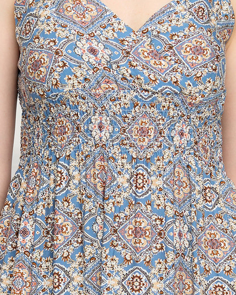 Beżowo- niebieska damska letnia sukienka z printem- Odzież