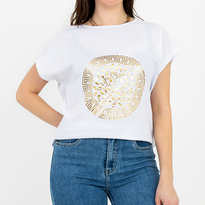 Biały damski bawełniany t-shirt ze złotym nadrukiem PLUS SIZE- Odzież