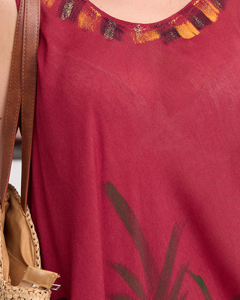 Bordowa damska wzorzysta narzutka typu sukienka w kwiaty - Odzież