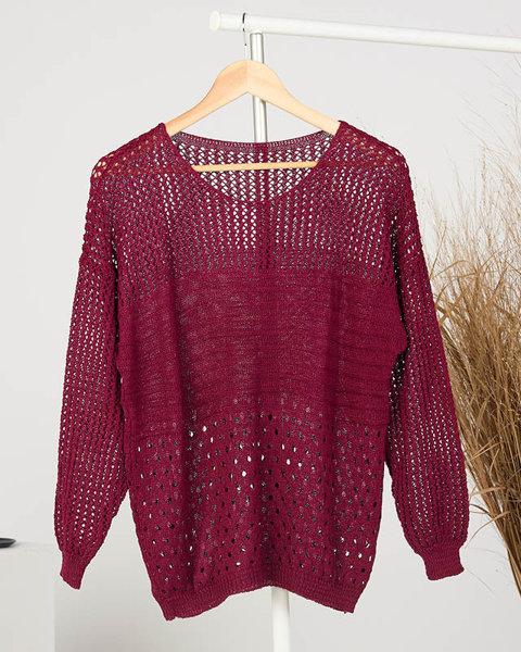 Bordowy ażurowy damski sweter - Odzież