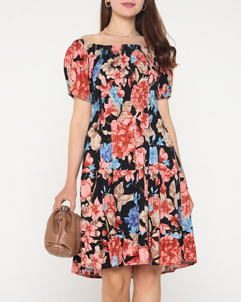 Czarna damska sukienka mini w kwiaty - Odzież