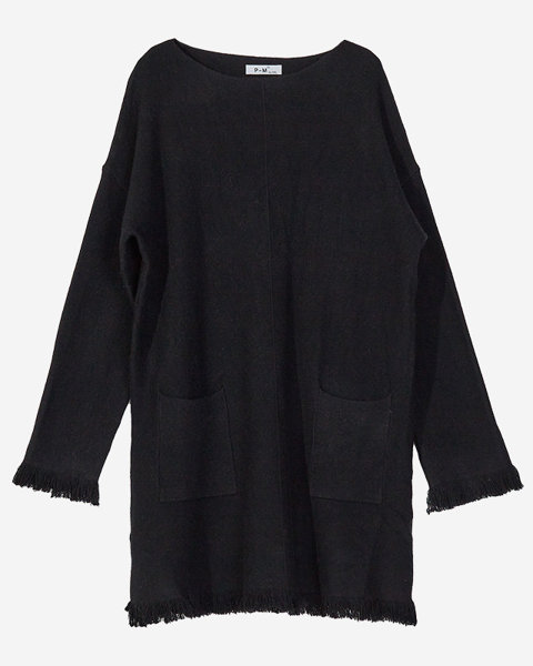 Czarna damska tunika swetrowa z frędzelkami- Odzież