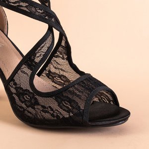 Czarne koronkowe sandały damskie na słupku Lorika - Obuwie