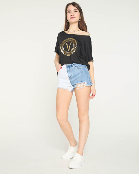 Czarny damski t-shirt ze złotym printem i cyrkoniami - Odzież