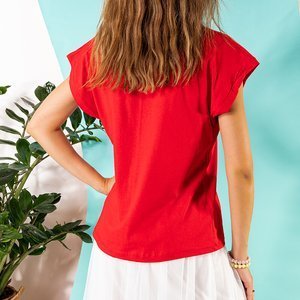 Czerwona damska koszulka bawełniana z printem - Odzież