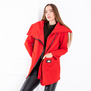 Czerwony damski ciepły płaszcz z asymetrycznym suwakiem - Odzież