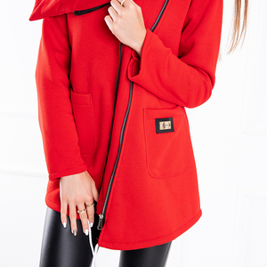 Czerwony damski ciepły płaszcz z asymetrycznym suwakiem - Odzież