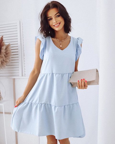 Damska krótka sukienka z falbankami w kolorze pastelowego błękitu - Odzież