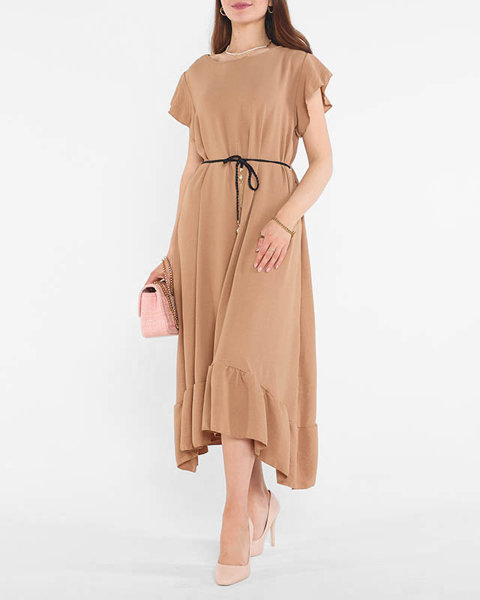 Jasnobrązowa damska sukienka z falbankami i wiązaniem w pasie - Odzież