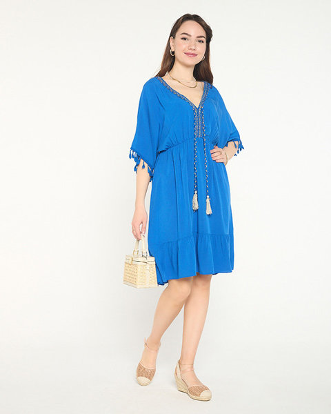 Kobaltowa krótka damska sukienka z falbankami i frędzelkami - Odzież