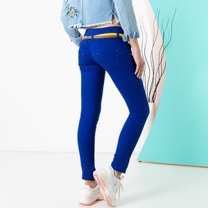 Kobaltowe damskie spodnie z paskiem - Odzież