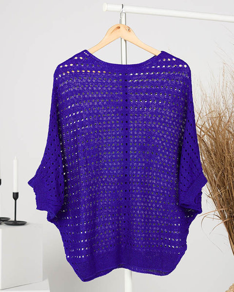 Kobaltowy ażurowy damski sweter z obniżonymi ramionami - Odzież