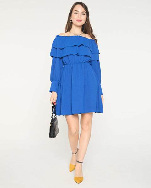 Krótka kobaltowa damska sukienka z falbanami- Odzież