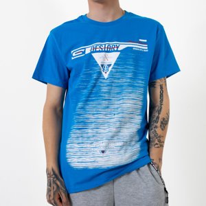 Niebieska bawełniana koszulka męska z nadrukiem - Odzież
