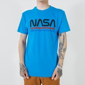 Niebieski bawełniany męski t-shirt z napisem - Odzież
