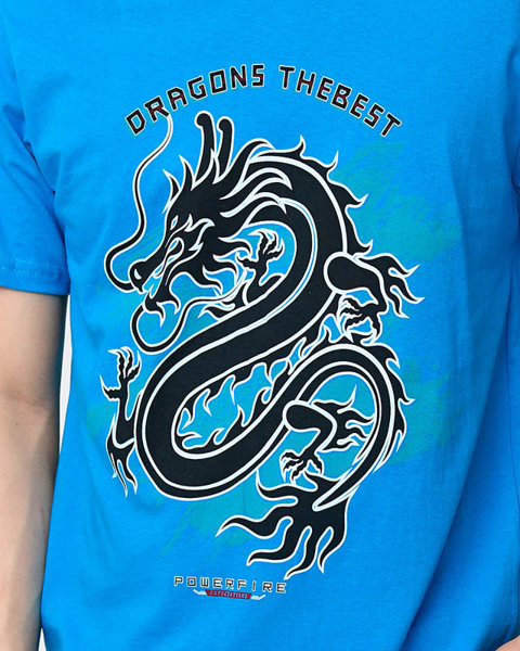 Niebieski bawełniany męski t-shirt z printem - Odzież