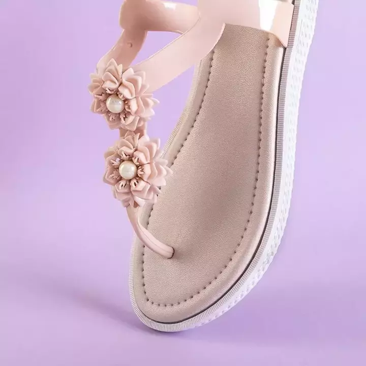 OUTLET Beżowo - różowe damskie sandały a'la japonki z kwiatkami Dosana - Obuwie