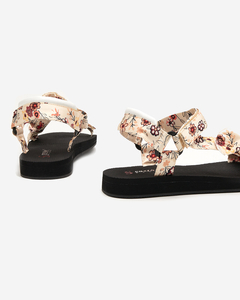 OUTLET Czarne sandały damskie z beżowymi paseczkami w kwiatki - Obuwie