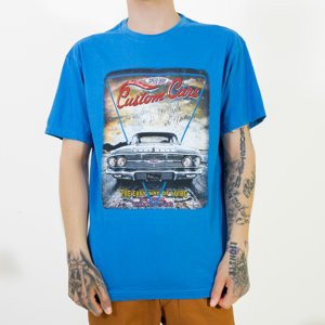 Royalfashion Kobaltowy bawełniany męski t-shirt z nadrukiem samochodu
