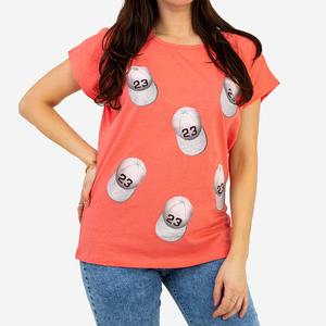 Royalfashion Koralowy damski t-shirt z brokatem i printem PLUS SIZE