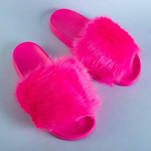 Royalfashion Neonowe różowe damskie klapki z futerkiem Danita