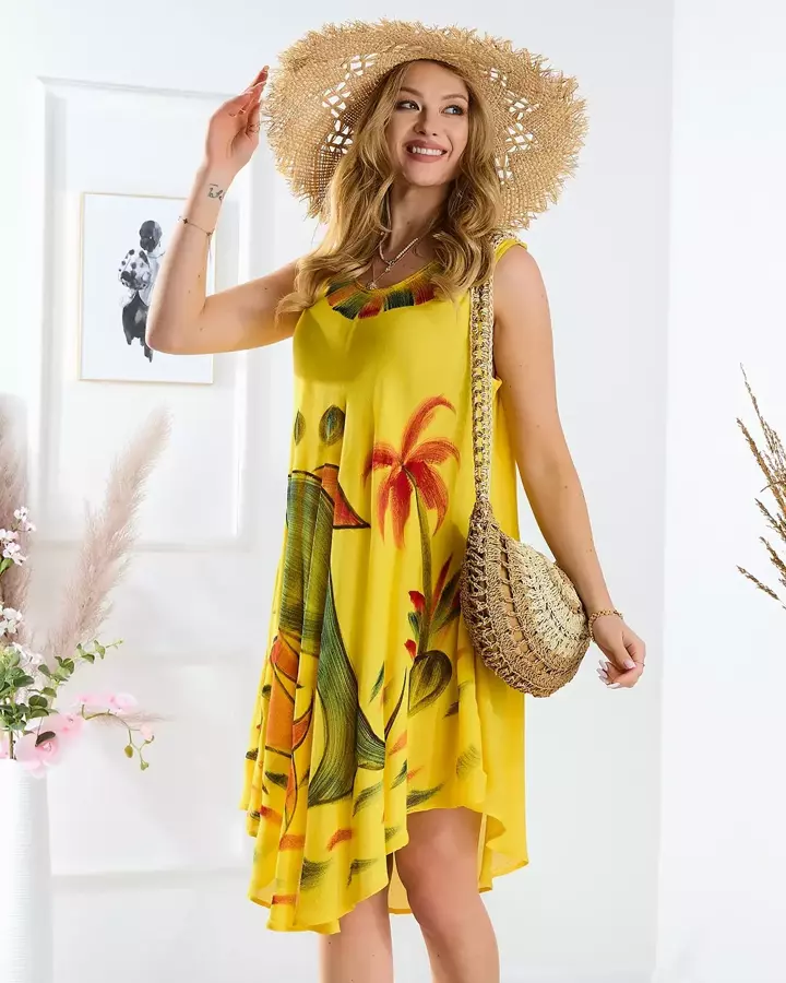 Royalfashion Plażowa żółta sukienka-narzutka z kolorowym printem 