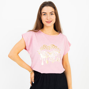 Różowa damska bluzka ze złotym nadrukiem - Odzież