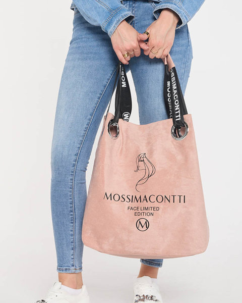 Różowa duża damska torba shopper z nadrukiem i napisami - Akcesoria