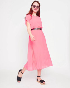 Różowa neonowa damska plisowana sukienka midi z paskiem - Odzież