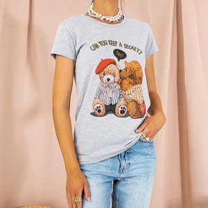 Szara damska koszulka z ozdobnym printem - Odzież