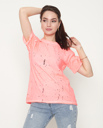 Неонова коралова жіноча футболка з декоративними дірочками