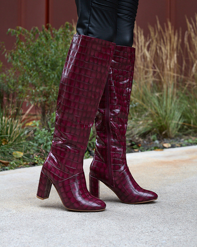 Жіночі чоботи на шпильці з тисненням бордового кольору Mastiu- Взуття