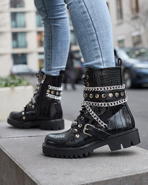 Чорні жіночі черевики-баггі з ланцюжками та тисненням Serolla- Взуття