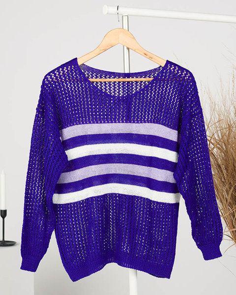 Кобальтово-синій ажурний жіночий светр в смужку